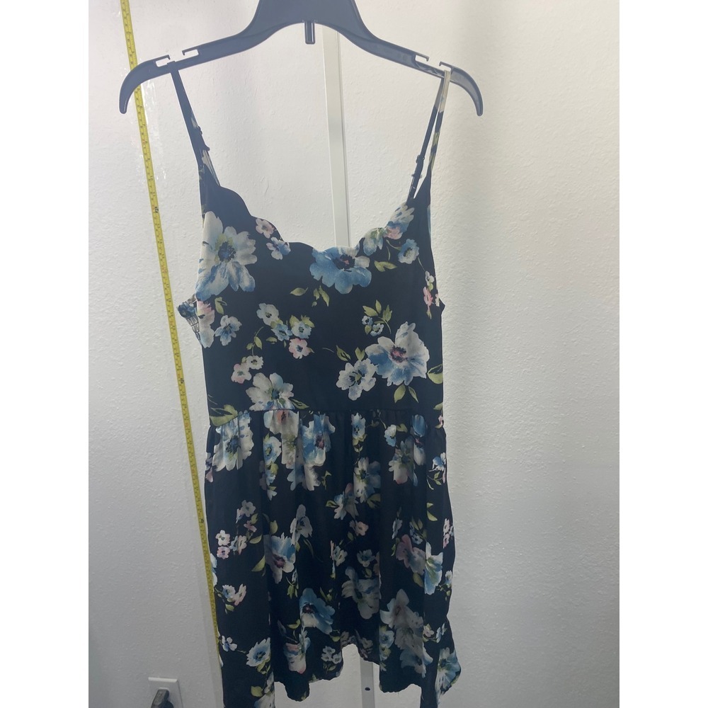 Xhilaration Floral Mini Dress Blue Black Scalloped Neck Smocked Back Large